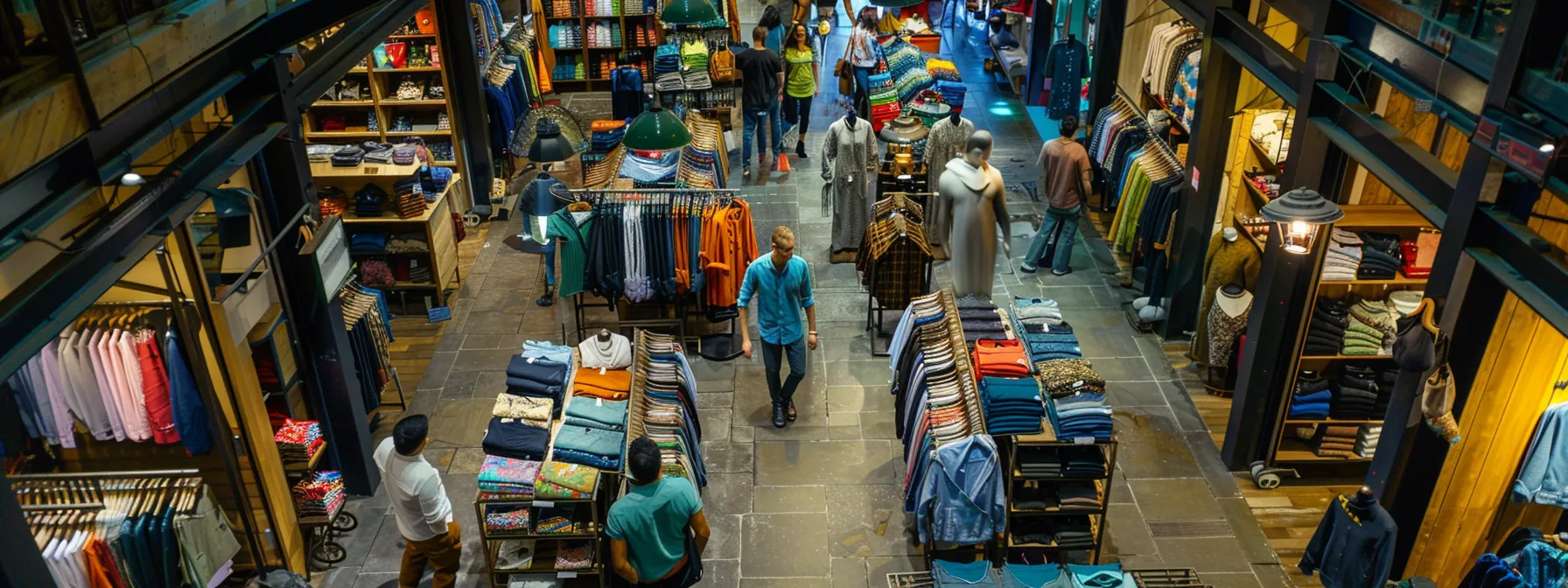 a bustling marketplace filled with rows of colorful apparel displays, showcasing a variety of designs and styles from numerous manufacturers.