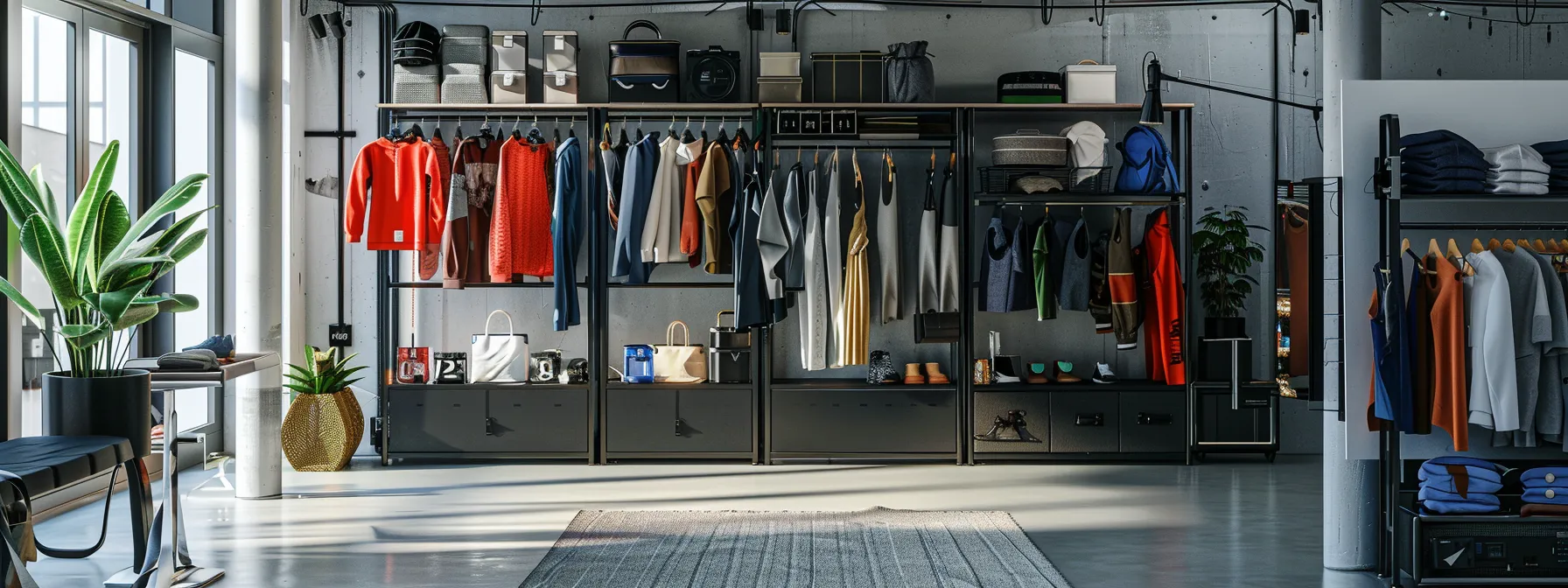 a diverse array of activewear, formal attire, and accessories displayed in a sleek, organized fashion showroom.