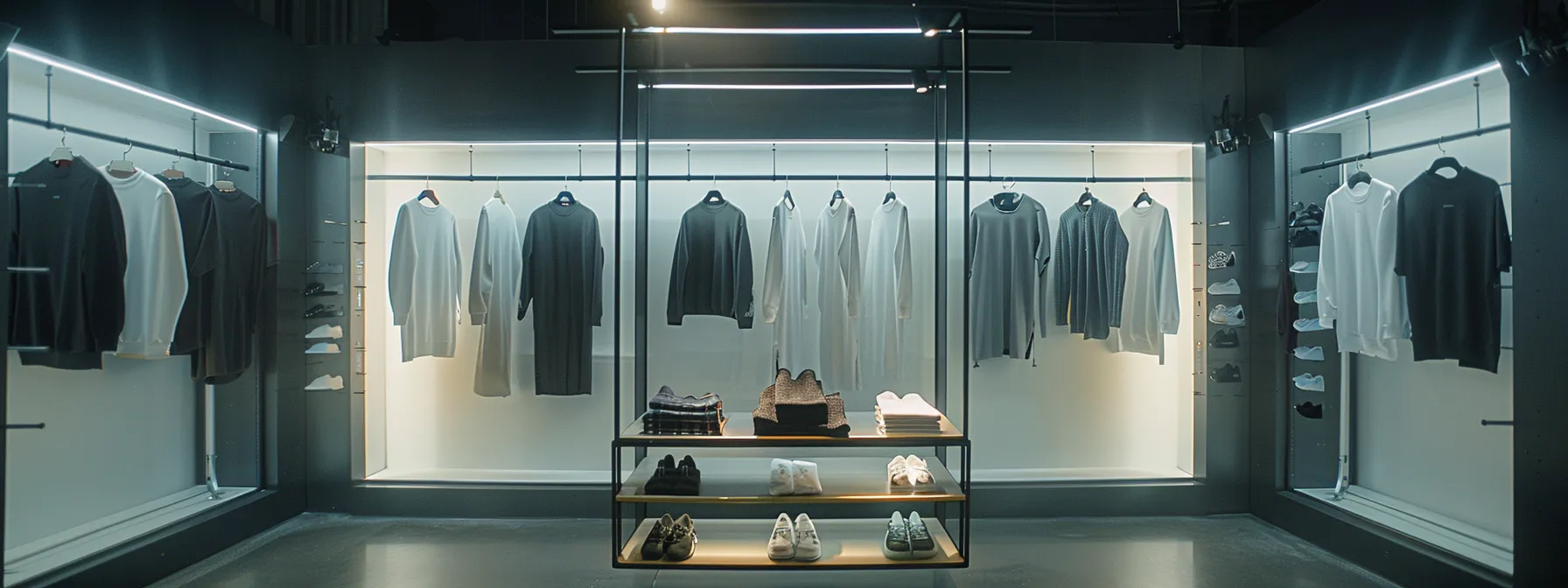 a sleek display of high-quality cotton sweatshirts, trousers, socks, and dress shirts in a modern, well-lit showroom setting, showcasing studio east as the go-to b2b apparel sourcing platform.