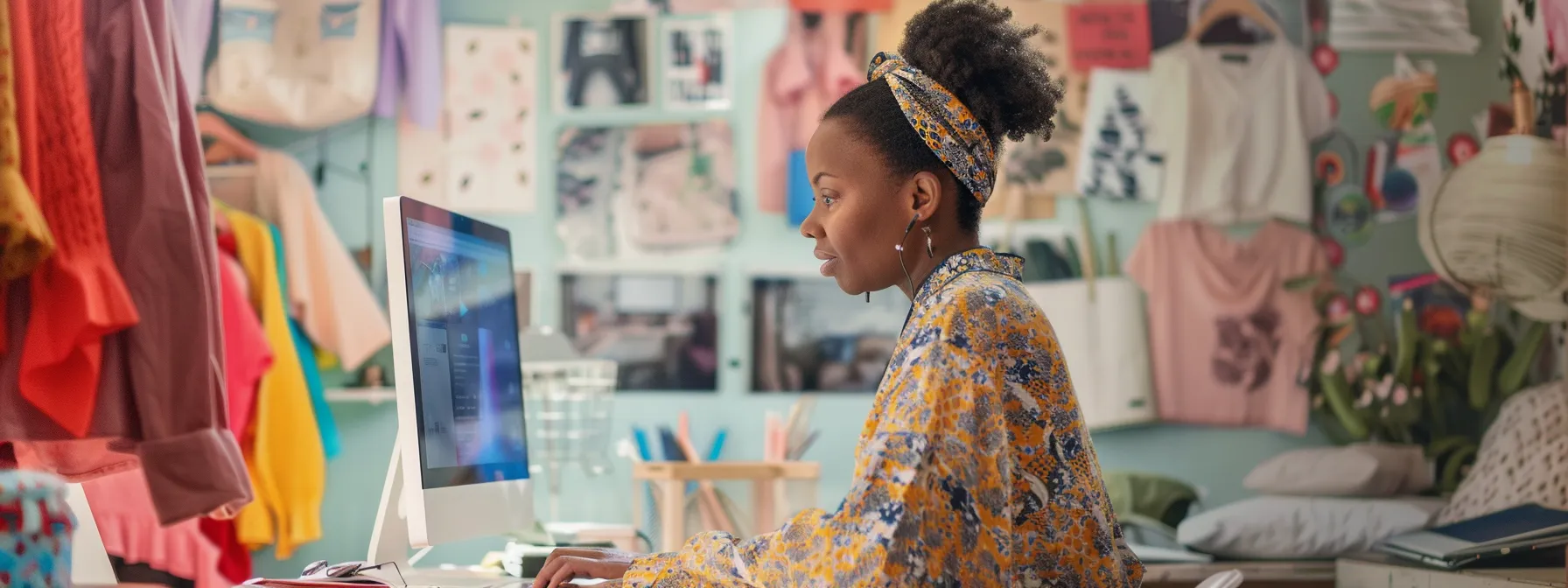 a woman sitting at a desk, setting up her buyer account on a computer screen while a friendly guide assists her, surrounded by images of clothing and textile products.