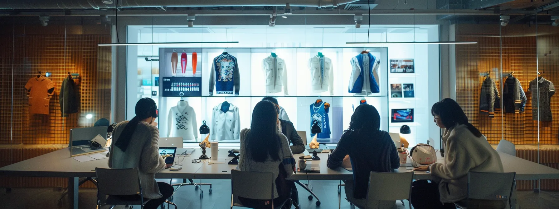 strategic apparel sourcing meeting in a sleek, modern conference room with supplier credentials displayed on a digital screen.